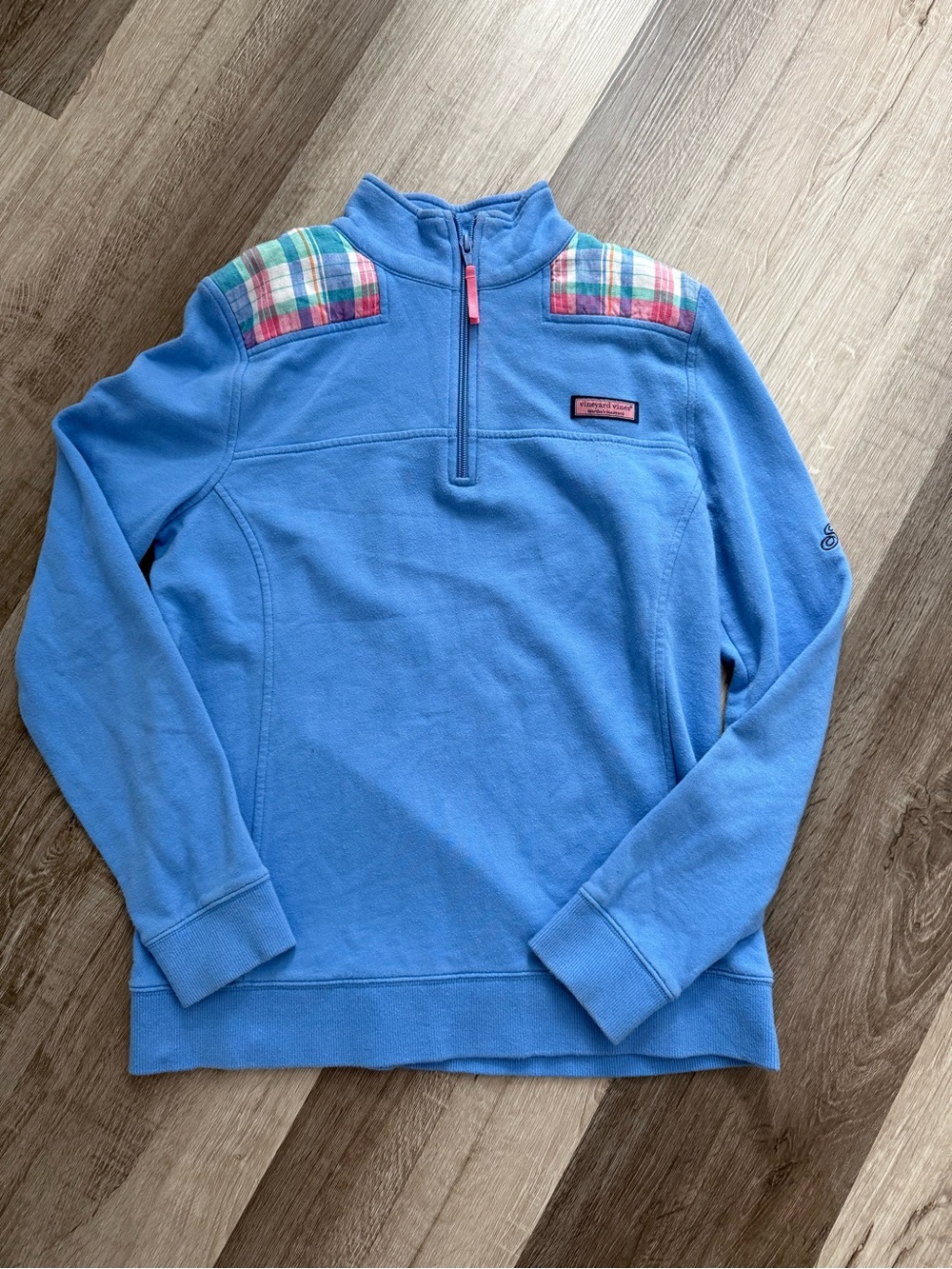 Vineyard Vines Light Blue Quarter-Zip Pullover with Plaid Shoulder Panels